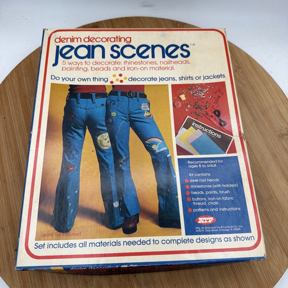 Vintage 1970s Denim Decorating "Jean Scenes" Kit, Rhinestones, Iron-Ons, Etc.